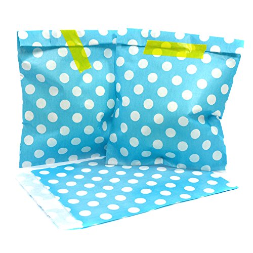 Frau WUNDERVoll® 100 PAPIERTÜTEN BEACHBLAU, Punkte 13 x 16,5 cm, 45 Gramm Papier, flach/Candy Bar, Hochzeit, Kindergeburtstag, Papiertütchen, Candybag, Tüten, Mitgebseltüten von Frau WUNDERVoll