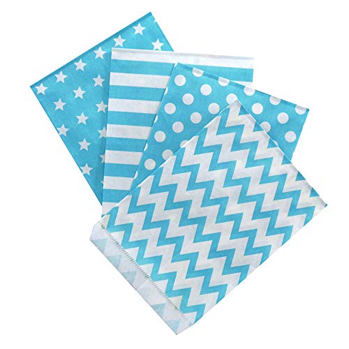 Frau WunderVoll® 100 PAPIERTÜTEN BEACHBLAU, Sterne, Streifen, Punkte, Zacken 13 x 16,5 cm, 45 Gramm Papier, flach/Candy Bar, Hochzeit, Kindergeburtstag, Papiertütchen, Candybag, Mitgebseltüten von Frau WunderVoll