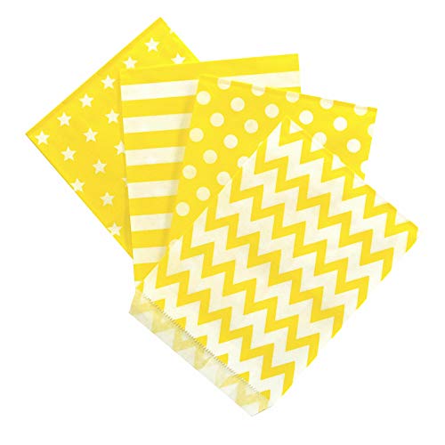 Frau WunderVoll® 100 PAPIERTÜTEN GELB, Sterne, Streifen, Punkte, Zacken 13 x 16,5 cm, 45 Gramm Papier, flach/Candy Bar, Hochzeit, Kindergeburtstag, Papiertütchen, Candybag, Tüten, Mitgebseltüten von Frau WunderVoll