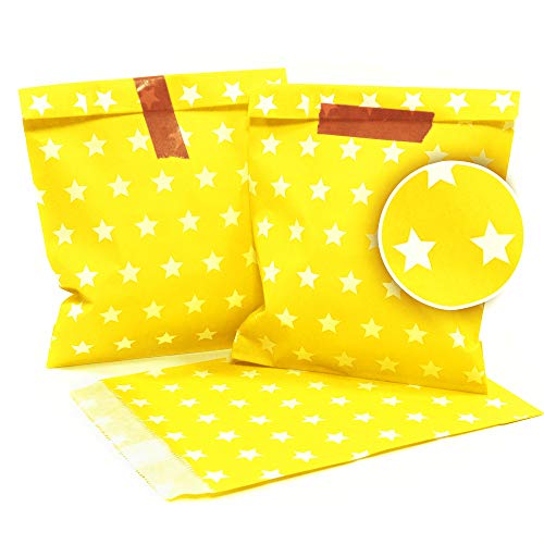 Frau WunderVoll® 100 PAPIERTÜTEN GELB, Sterne 13 x 16,5 cm, 45 Gramm Papier, flach/Candy Bar, Hochzeit, Kindergeburtstag, Papiertütchen, Candybag, Tüten, Mitgebseltüten von Frau WunderVoll