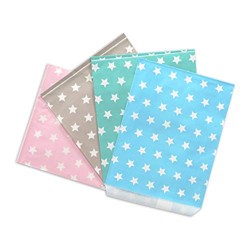 Frau WunderVoll® 100 PAPIERTÜTEN IM Set, 4x25 Stück: Taupe Sterne, rosa Sterne, blau Sterne, türkis Sterne 13x16,5cm, 45Gramm Papier, flach/Hochzeit, Papiertütchen, Mitgebseltüten von Frau WunderVoll