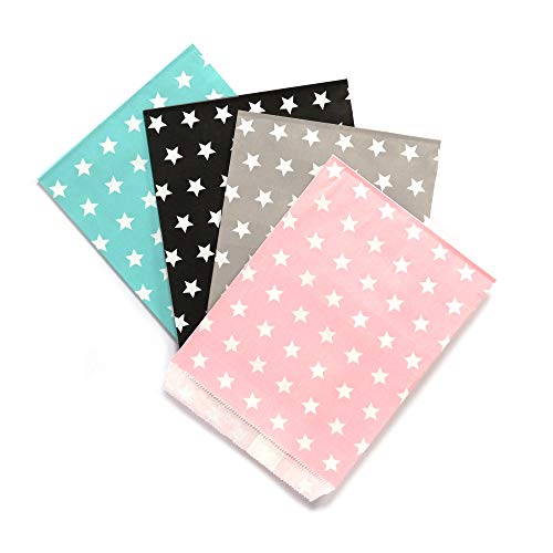 Frau WUNDERVoll® 100 PAPIERTÜTEN IM Set 24, 4x25 Stück: türkis Sterne, schwarz Sterne, Taupe Sterne, rosa Sterne 13x16,5cm, 45Gramm Papier, flach/Hochzeit, Papiertütchen, Mitgebseltüten von Frau WUNDERVoll