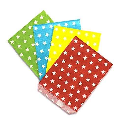 Frau WunderVoll® 100 PAPIERTÜTEN IM Set 9, 4x25 Stück: grün Sterne, beachblau Sterne, gelb Sterne, rot Sterne 13x16,5cm, 45Gramm Papier, flach/Hochzeit, Papiertütchen, Mitgebseltüten von Frau WunderVoll