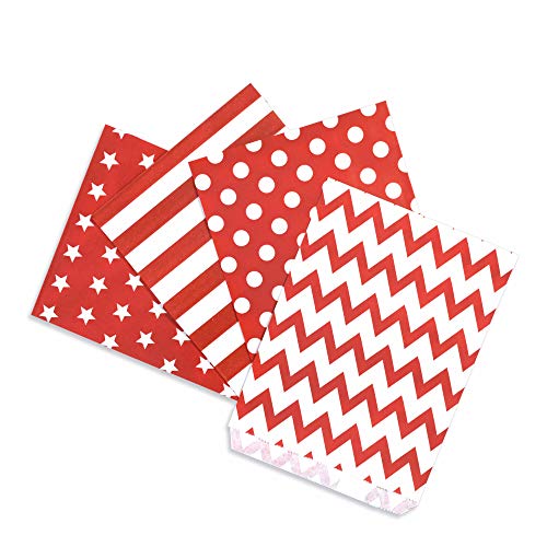 Frau WunderVoll® 100 PAPIERTÜTEN ROT, Sterne, Streifen, Punkte, Zacken 13 x 16,5 cm, 45 Gramm Papier, flach/Candy Bar, Hochzeit, Kindergeburtstag, Papiertütchen, Candybag, Tüten, Mitgebseltüten von Frau WunderVoll