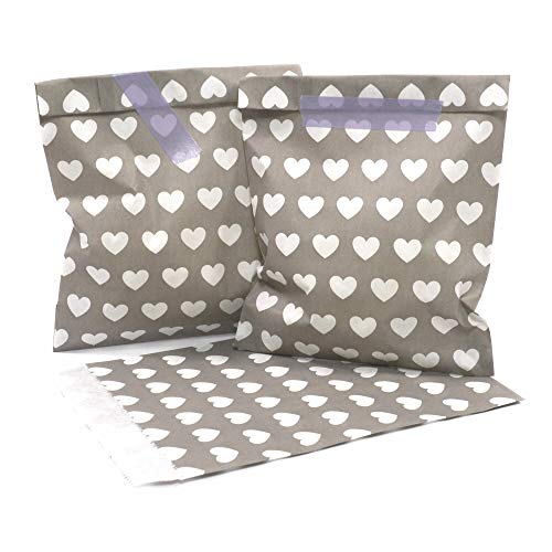 Frau WunderVoll® 100 PAPIERTÜTEN Taupe/HELLGRAU, Herzen 13 x 16,5 cm, 45 Gramm Papier, flach/Candy Bar, Hochzeit, Kindergeburtstag, Papiertütchen, Candybag, Tüten, Mitgebseltüten von Frau WunderVoll