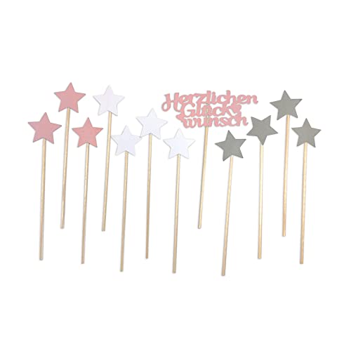 Frau WunderVoll® 12 Deko Topper 1 x Herzlichen Glückwunsch rosa + 11 x Sterne rosa,grau,weiß/Topper, Kuchenstecker, Muffin, Geburtstagskuchen, Dekoration, Hochzeit, Hochzeitstorte, Geburtstag von Frau WunderVoll