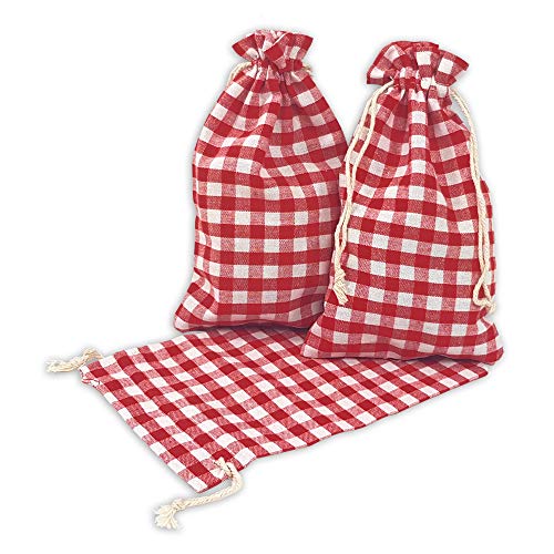 Frau WunderVoll® 12 Geschenksäckchen rot/weiß kariert 20 x 12 cm Baumwolle Adventskalender Säckchen Stoffbeutel zum Basteln und befüllen Gastgeschenk Hochzeit Landhaus Lanshausbeutel von Frau WunderVoll