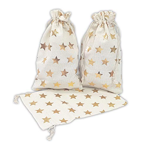 Frau WunderVoll® 12 Geschenksäckchen weiß, goldene Sterne 20 x 12 cm Baumwolle Adventskalender Säckchen Stoffbeutel zum Basteln und befüllen Gastgeschenk Hochzeit Landhausbeutel Landhaus von Frau WunderVoll