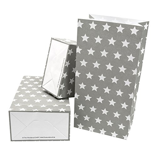 Frau WunderVoll® 12 PAPIERTÜTEN MIT Boden GRAU, Sterne 12x7x24cm / Blockbodenbeutel, Tüte, Papierbeutel, Papiertüte, Geschenktüte, Geschenkbeutel, Gastgeschenk, Hochzeit, Mitgebseltüte, Falttasche von Frau WunderVoll