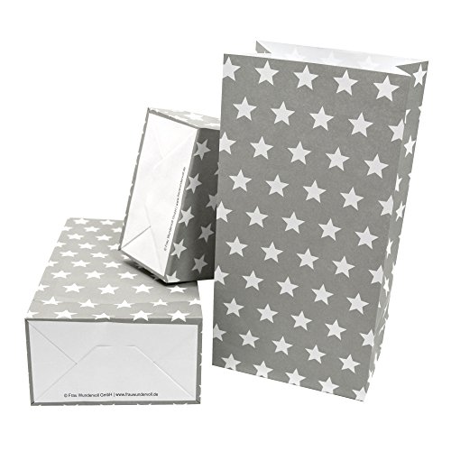 Frau WUNDERVoll® 12 PAPIERTÜTEN MIT Boden GRAU, Sterne 12x7x24cm / Blockbodenbeutel, Tüte, Papierbeutel, Papiertüte, Geschenktüte, Geschenkbeutel, Gastgeschenk, Hochzeit, Mitgebseltüte, Falttasche von Frau WUNDERVoll