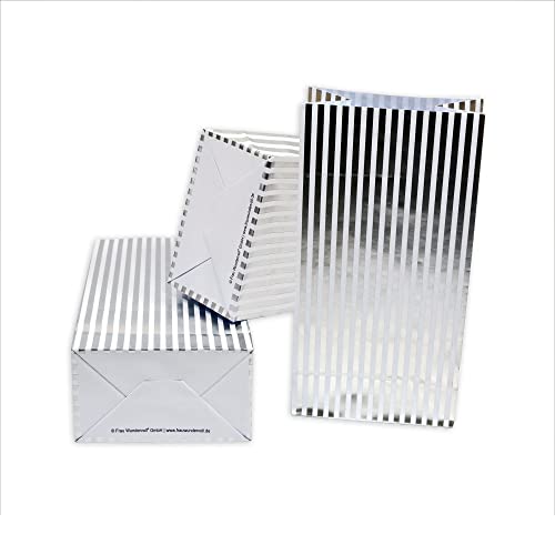 Frau WUNDERVoll® 12 Papiertüten mit Boden,weiß, Silber Streifen, 12x7x24cm/Blockbodenbeutel,Tüte,Papierbeutel,Papiertüte, Geschenktüte, Geschenkbeutel,Gastgeschenk,Hochzeit,Mitgebseltüte,Falttasche von Frau WunderVoll