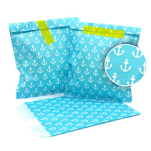 Frau WunderVoll® 25 PAPIERTÜTEN BEACHBLAU, Anker 13 x 16,5 cm, 45 Gramm Papier, flach/Candy Bar, Hochzeit, Kindergeburtstag, Papiertütchen, Candybag, Tüten, Mitgebseltüten von Frau WunderVoll