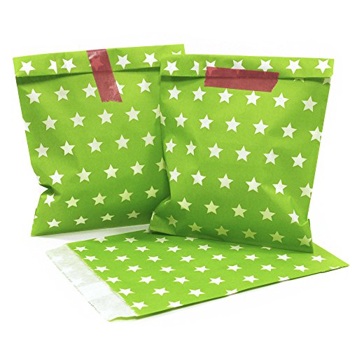 Frau WunderVoll® 25 PAPIERTÜTEN GRÜN, Sterne 13 x 16,5 cm, 45 Gramm Papier, flach/Candy Bar, Hochzeit, Kindergeburtstag, Papiertütchen, Candybag, Tüten, Mitgebseltüten von Frau WunderVoll