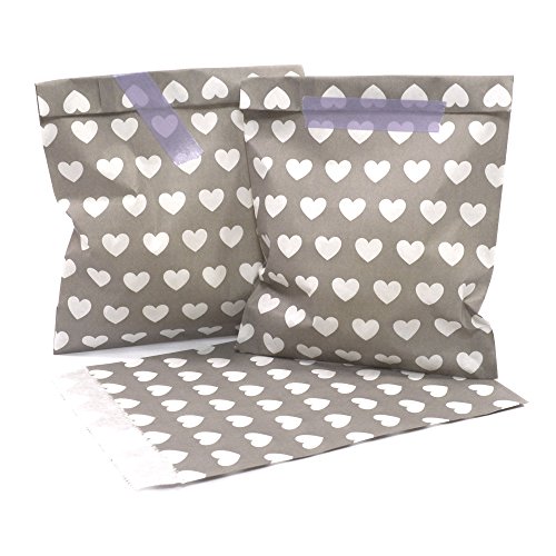Frau WunderVoll® 25 PAPIERTÜTEN Taupe/HELLGRAU, Herzen 13 x 16,5 cm, 45 Gramm Papier, flach/Candy Bar, Hochzeit, Kindergeburtstag, Papiertütchen, Candybag, Tüten, Mitgebseltüten von Frau WunderVoll