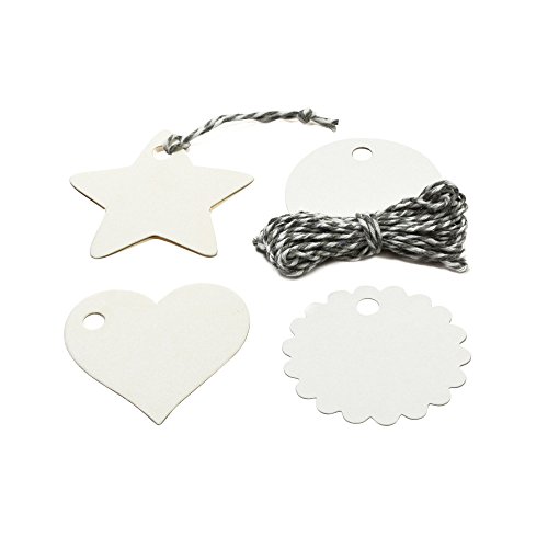 Frau WunderVoll® 40 ANHÄNGER WEIß, Mix (4 x 10 Stück) inkl. 12 Mtr. Kordel/Papieranhänger, Geschenkanhänger, Gastgeschenk Hochzeit, Vintage, Geschenk, Etiketten, Tags, Geburtstag, Dekoration von Frau WunderVoll