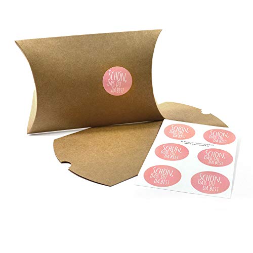 Frau WunderVoll® 48 VERPACKUNGEN GASTGESCHENK, 48 Natur Kissenschachteln und 48 rosa Aufkleber/Faltverpackung, Geschenkverpackung, Gastgeschenk, Hochzeit von Frau WunderVoll