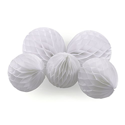 Frau WunderVoll® 5 WABENBÄLLE, Weiss, 3X Ø20, 2X Ø30 cm/Deko Hochzeit, Seidenpapier, Seiden Blumen, Papierblumen, Geburtstagsdeko, Tischdeko, Hochzeitsdeko, Gartenfest, Garten Party von Frau WunderVoll