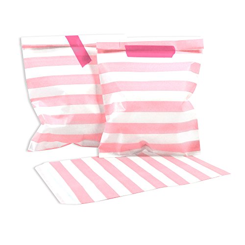 Frau WunderVoll® 50 PAPIERTÜTEN ROSA, Streifen 13 x 16,5 cm, 45 Gramm Papier, flach/Candy Bar, Hochzeit, Kindergeburtstag, Papiertütchen, Candybag, Tüten, Mitgebseltüten von Frau WunderVoll