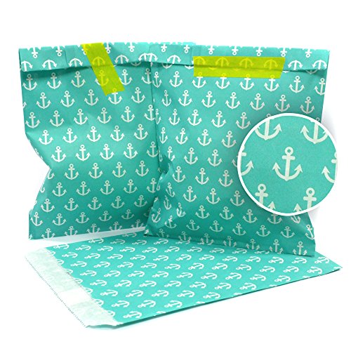 Frau WunderVoll® 50 PAPIERTÜTEN TÜRKIS, Anker 13 x 16,5 cm, 45 Gramm Papier, flach/Candy Bar, Hochzeit, Kindergeburtstag, Papiertütchen, Candybag, Tüten, Mitgebseltüten von Frau WunderVoll