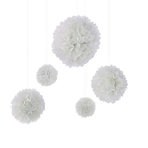 Frau WunderVoll® 5er Set Pompoms, Weiss, 2X Ø20, 2X Ø30, 1x Ø40 cm/Deko Hochzeit, Seidenpapier, Seiden Blumen, Papierblumen, Geburtstagsdeko, Tischdeko, Hochzeitsdeko, Gartenfest, Garten Party von Frau WunderVoll
