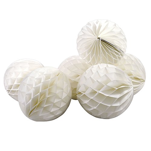 Frau WunderVoll® 6 WABENBÄLLE, Weiss, Leichter CREMESTICH, Ø20, / Deko Hochzeit, Seidenpapier, Seiden Blumen, Papierblumen, Geburtstagsdeko, Tischdeko, Hochzeitsdeko, Gartenfest, Garten Party von Frau WunderVoll