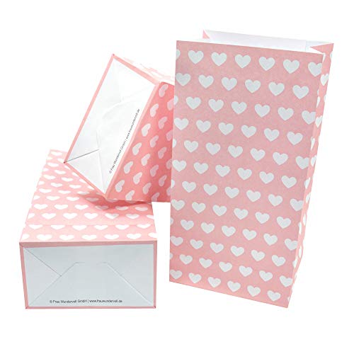 Frau WunderVoll® 60 PAPIERTÜTEN MIT Boden ROSA, Herzen 12x7x24cm / Blockbodenbeutel, Tüte, Papierbeutel, Papiertüte, Geschenktüte, Geschenkbeutel, Gastgeschenk, Hochzeit, Mitgebseltüte, Falttasche von Frau WunderVoll