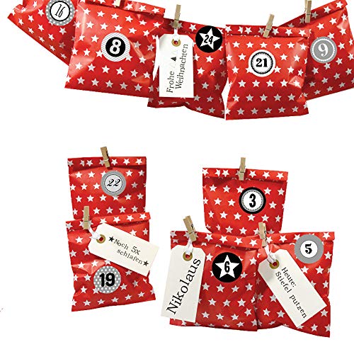 Frau WunderVoll® DIY ADVENTSKALENDER BESCHERUNG zum Befüllen, rot Stern, Ziffern grau, Papiertueten flach 13x16,5cm / Weihnachten, Papiertüten, Kinder, Zahlen, Geschenkbeutel, Aufkleber von Frau WunderVoll