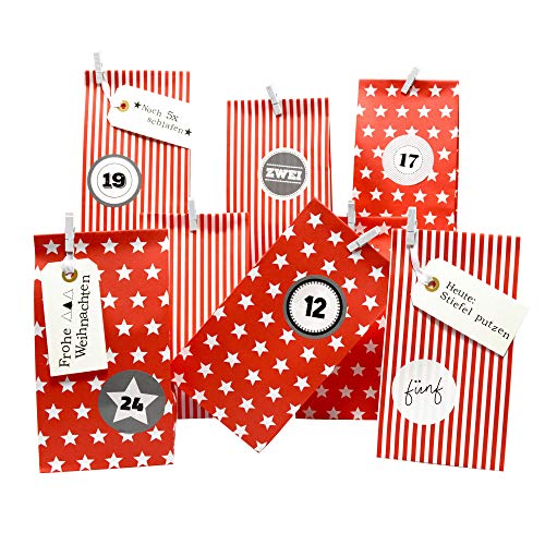 Frau WunderVoll® DIY Adventskalender zum Befüllen Weihnachtszeit: Set 208, Blockbodenbeutel 12(L) x7(B) x24(H) cm rot Sterne und Streifen, Ziffern grau/Weihnachten, Papiertüten, Kinder, Aufkleber von Frau WunderVoll