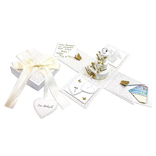 Frau WunderVoll® Explosionsbox Hochzeit Bastelset mit Aufklapp-Funktion Maße Box 10x10x10 cm (gefaltet), Gastgeschenk Geschenkbox Geldgeschenk Geschenk Vintage Scrapbook Mitgebsel von Frau WunderVoll