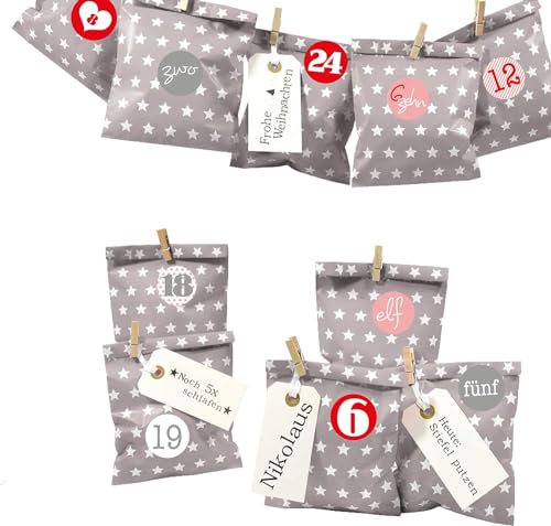 Frau WUNDERVoll® DIY Adventskalender zum Befüllen Bescherung, grau/taupe - weiße Sterne Papiertüten 13x16,5cm, Ziffern rosa rot/Weihnachten Aufkleber Advent Kalender Kinder Geschenkbeutel von Frau WunderVoll