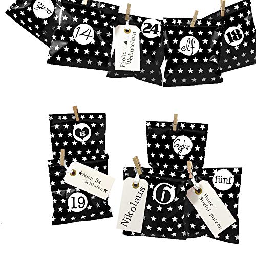 Frau WUNDERVoll® DIY Adventskalender zum Befüllen Bescherung, schwarz - weiße Sterne Papiertüten 13x16,5cm, Ziffern schwarz-weiß/Weihnachten Aufkleber Advent Kalender Kinder Geschenkbeutel von Frau WunderVoll