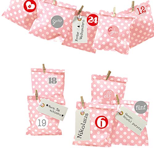 Frau WUNDERVoll® DIY Adventskalender zum Befüllen Bescherung: Set Punkt 145, Papiertueten flach 13x16,5cm, rosa Punkt, Ziffern rosa-rot von Frau WunderVoll