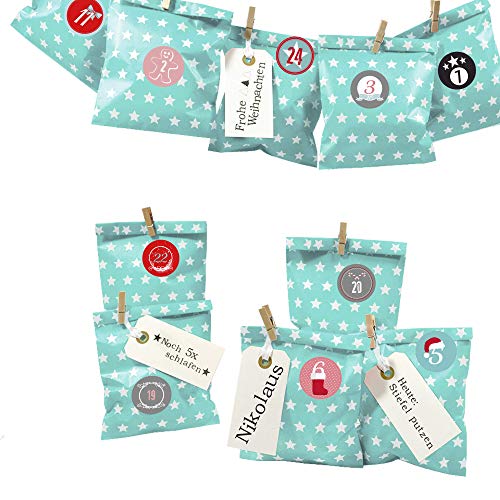 Frau WUNDERVoll® DIY Adventskalender zum Befüllen Bescherung: Set Stern 102, Papiertueten flach 13x16,5cm, Tuerkis Stern, Ziffern bunt von Frau WunderVoll