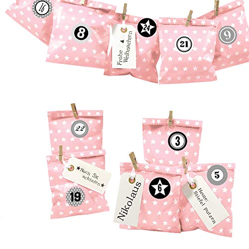 Frau WUNDERVoll® DIY Adventskalender zum Befüllen Bescherung: Set Stern 110, Papiertueten flach 13x16,5cm, rosa Stern, Ziffern grau von Frau WunderVoll