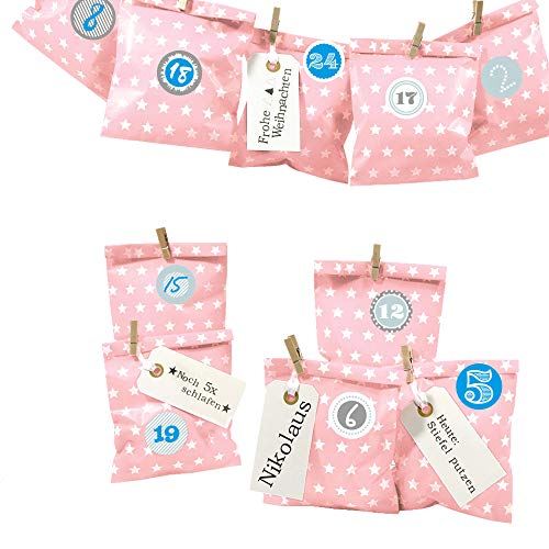 Frau WUNDERVoll® DIY Adventskalender zum Befüllen Bescherung: Set Stern 112, Papiertueten flach 13x16,5cm, rosa Stern, Ziffern blau von Frau WunderVoll