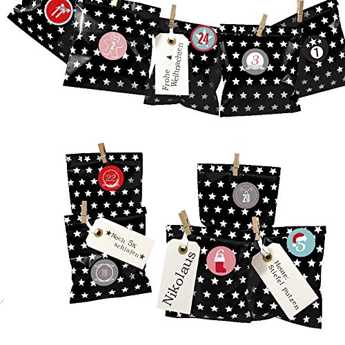 Frau WUNDERVoll® DIY Adventskalender zum Befüllen Bescherung: Set Stern 126, Papiertueten flach 13x16,5cm, schwarz Stern, Ziffern bunt von Frau WunderVoll