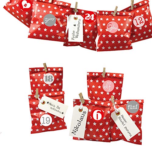 Frau WUNDERVoll® DIY Adventskalender zum Befüllen Bescherung: Set Stern 127, Papiertueten flach 13x16,5cm, rot Stern, Ziffern rosa-rot von Frau WunderVoll