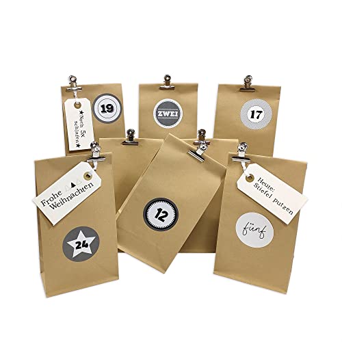 Frau WUNDERVoll® DIY Adventskalender zum Befüllen Weihnachtszeit, Blockbodenbeutel 12(L) x7(B) x24(H) cm natur/vintage/Kraftpapier, Ziffern grau/Weihnachten, Papiertüten, Kinder, Aufkleber von Frau WunderVoll