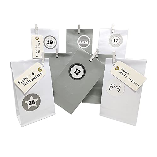 Frau WUNDERVoll® DIY Adventskalender zum Befüllen Weihnachtszeit, Blockbodenbeutel 12(L) x7(B) x24(H) cm weiß,grau Ziffern grau/Weihnachten, Papiertüten, Kinder, Aufkleber von Frau WunderVoll