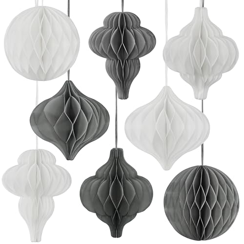 Frau WunderVoll® Premium 8er Set Weihnachtsdeko Christbaumschmuck Papier weiß grau Magnetverschluss/Weihnachten Papierwaben Advent Dekoration Fenster Tischdeko Weihnachtsschmuck Weihnachtsdekoration von Frau WunderVoll