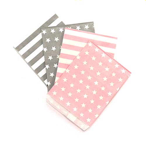 Frau WunderVoll® 100 PAPIERTÜTEN IM Set 3, 4x25 Stück: Taupe Streifen, Taupe Sterne, rosa Streifen, rosa Sterne 13x16,5cm, 45Gramm Papier, flach/Hochzeit, Papiertütchen, Mitgebseltüten von Frau WunderVoll