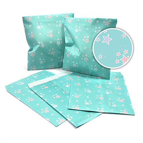 Frau WunderVoll® 100 PAPIERTÜTEN TÜRKIS, Sterne Pastell 13 x 16,5 cm, 45 Gramm Papier, flach/Candy Bar, Hochzeit, Kindergeburtstag, Papiertütchen, Candybag, Tüten, Mitgebseltüten von Frau WunderVoll