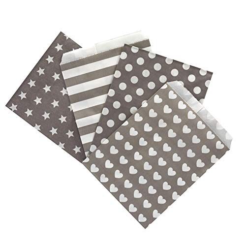 Frau WunderVoll® 100 PAPIERTÜTEN Taupe/HELLGRAU, Sterne, Streifen, Punkte, Zacken 13 x 16,5 cm, 45 Gramm Papier, flach/Candy Bar, Hochzeit, Kindergeburtstag, Papiertütchen, Candybag, Mitgebseltüten von Frau WunderVoll