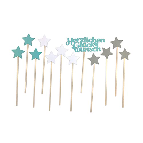 Frau WunderVoll® 12 Deko Topper 1 x Herzlichen Glückwunsch türkis + 11 x Sterne türkis,grau,weiß/Topper, Kuchenstecker, Muffin, Geburtstagskuchen, Dekoration,Hochzeit, Hochzeitstorte, Geburtstag von Frau WunderVoll