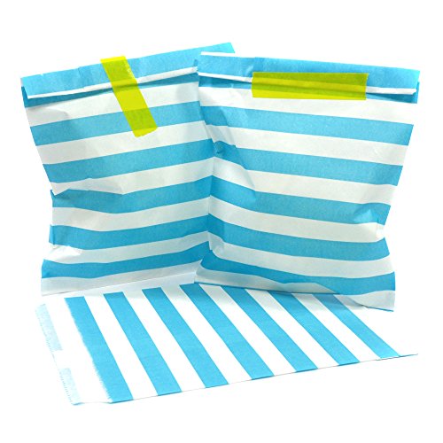 Frau WunderVoll® 25 PAPIERTÜTEN BEACHBLAU, Streifen 13 x 16,5 cm, 45 Gramm Papier, flach/Candy Bar, Hochzeit, Kindergeburtstag, Papiertütchen, Candybag, Tüten, Mitgebseltüten von Frau WunderVoll