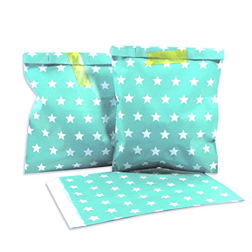 Frau WunderVoll® 50 PAPIERTÜTEN TÜRKIS, Sterne 13 x 16,5 cm, 45 Gramm Papier, flach/Candy Bar, Hochzeit, Kindergeburtstag, Papiertütchen, Candybag, Tüten, Mitgebseltüten von Frau WunderVoll