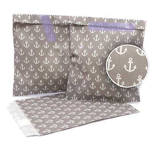 Frau WunderVoll® 50 PAPIERTÜTEN Taupe/HELLGRAU, Anker 13 x 16,5 cm, 45 Gramm Papier, flach/Candy Bar, Hochzeit, Kindergeburtstag, Papiertütchen, Candybag, Tüten, Mitgebseltüten von Frau WunderVoll