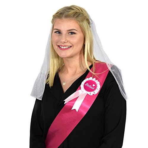 Frau WunderVoll® JGA BRAUTSET Premium PINK, Schleier + Schärpe + Brautorden/junggesellenabschied, Mädchen, Braut, Hochzeit, JGA Deko, JGA Accessoires, Mädelsabend, Schleier, Traumbraut von Frau WunderVoll