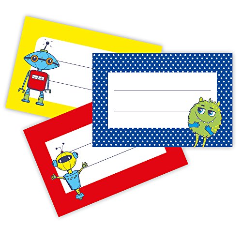 Frau WUNDERVoll® 32 SCHULHEFTAUFKLEBER Monster & Roboter, zum Beschriften/Sticker, Vintage, Kindergeburtstag, Aufkleber Kinder, Geschenkaufkleber, Selbstgemacht, Einmachetiketten, Haushaltsetiketten von Frau WUNDERVoll