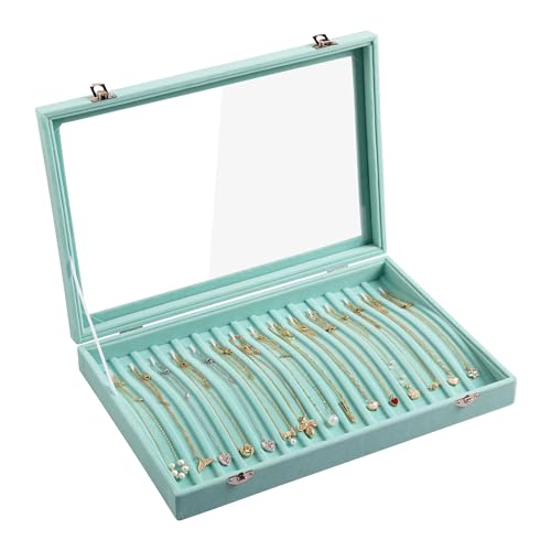 Frebeauty 15 Haken Halskette Tablett Samt Hals Organizer mit klarem Deckel abschließbare Halskette Halter Box Schmuck Organizer für Anhänger Ketten Halskette Jeweley Tablett für Frauen Mädch (Türkis). von Frebeauty